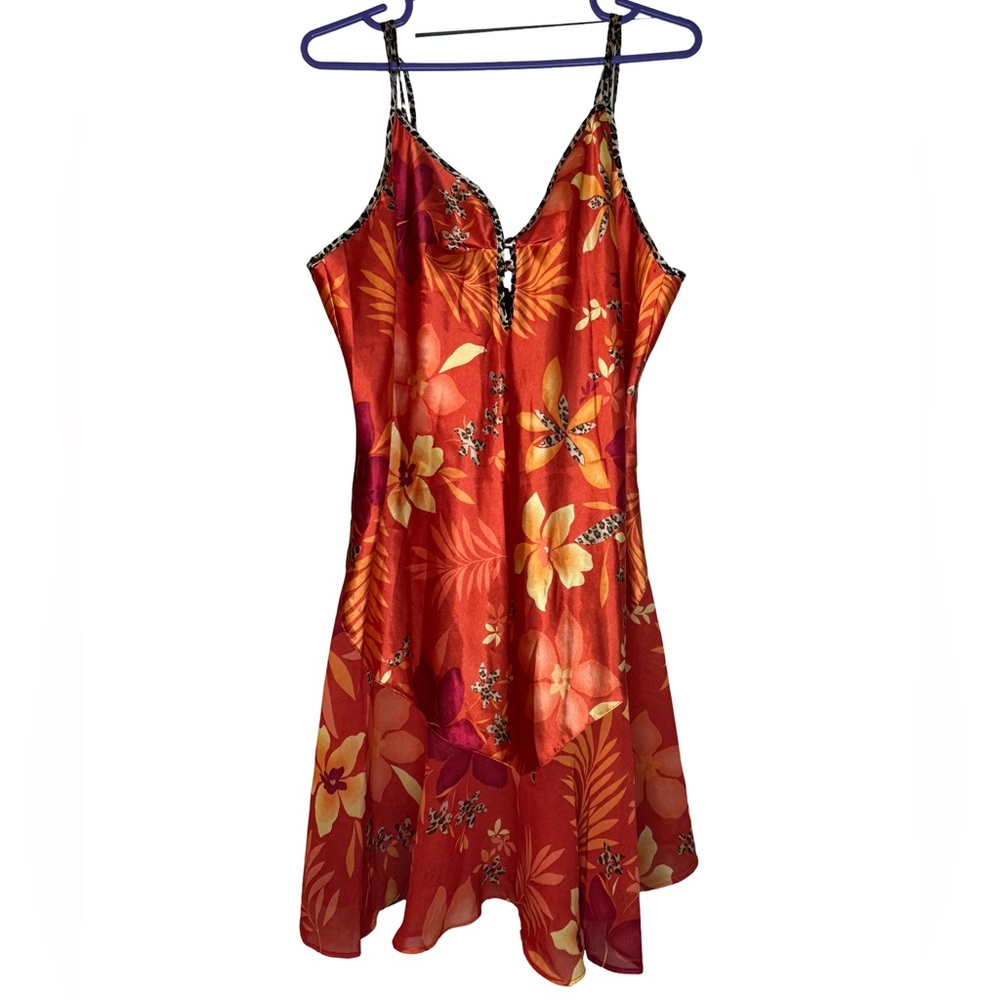 Vintage 90s Floral Print Satin Chemise Bright Orange Leopard Strappy Slip Dress